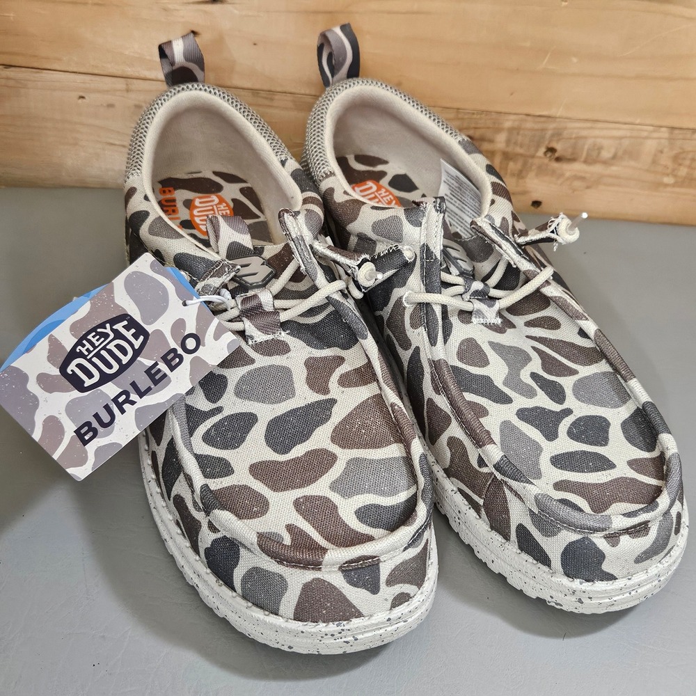 Hey Dude X Burlebo Wally Funk Deer Camo Mens 14 Taupe Camo Shoes 45952-2JE NEW